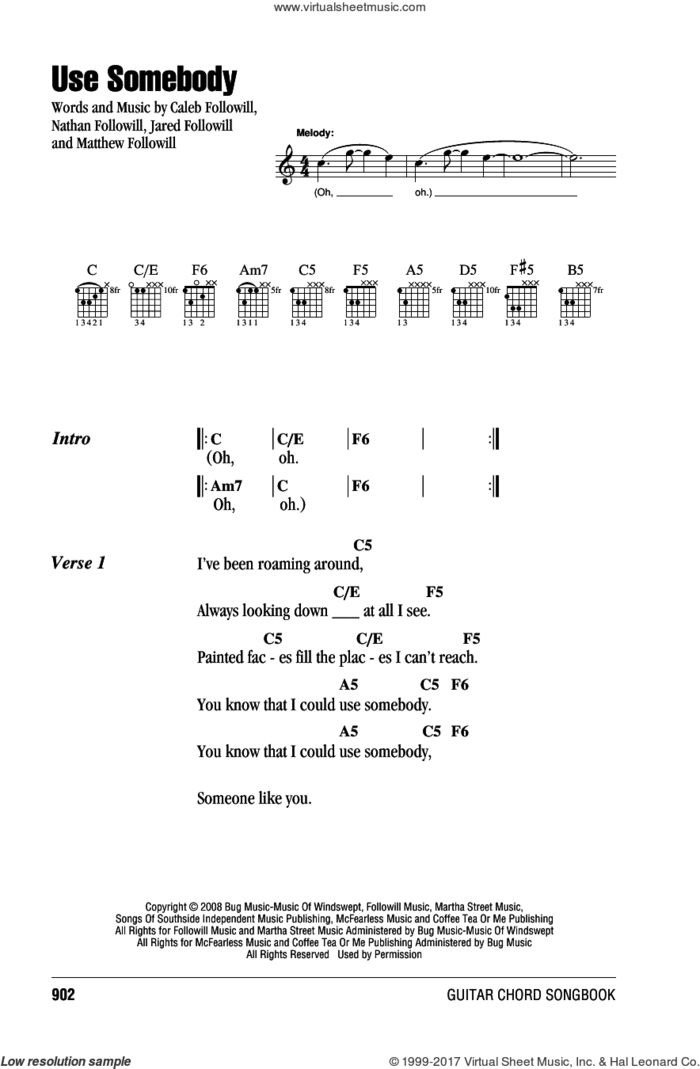 Use Somebody sheet music for guitar (chords) by Kings Of Leon, Caleb Followill, Jared Followill, Matthew Followill and Nathan Followill, intermediate skill level