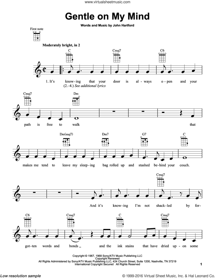 Gentle On My Mind sheet music for ukulele by Glen Campbell and John Hartford, intermediate skill level