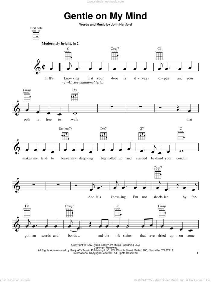 Gentle On My Mind (from The Daily Ukulele) sheet music for ukulele by Glen Campbell and John Hartford, intermediate skill level