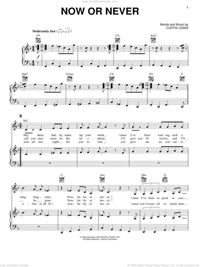 Now Or Never sheet music for voice, piano or guitar by Billie Holiday and Curtis Lewis, intermediate skill level
