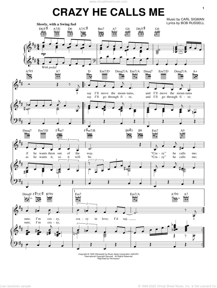 Crazy She Calls Me sheet music for voice, piano or guitar by Billie Holiday, Bob Russell and Carl Sigman, intermediate skill level