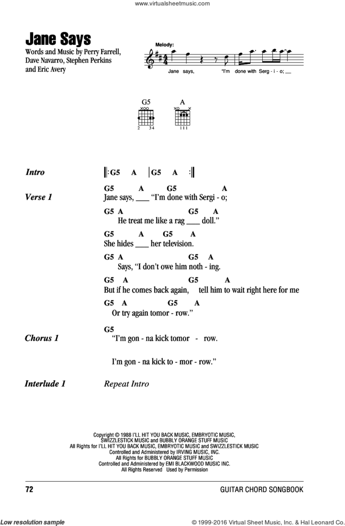 Jane Says sheet music for guitar (chords) by Jane's Addiction, Dave Navarro, Eric Avery, Perry Farrell and Stephen Perkins, intermediate skill level