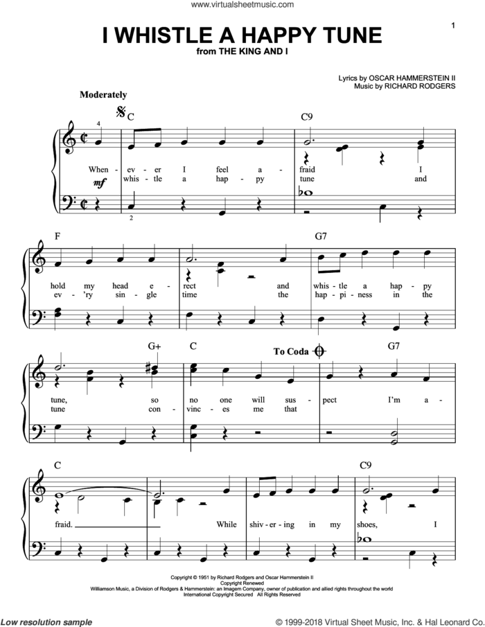 I Whistle A Happy Tune sheet music for piano solo by Rodgers & Hammerstein, Oscar II Hammerstein and Richard Rodgers, beginner skill level
