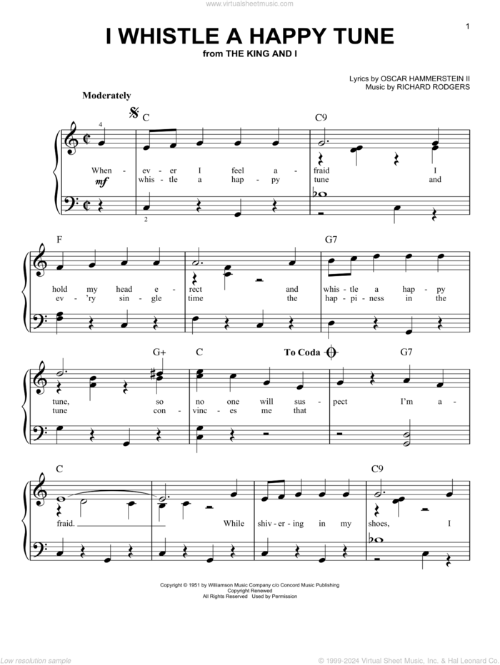 I Whistle A Happy Tune, (beginner) sheet music for piano solo by Rodgers & Hammerstein, Oscar II Hammerstein and Richard Rodgers, beginner skill level