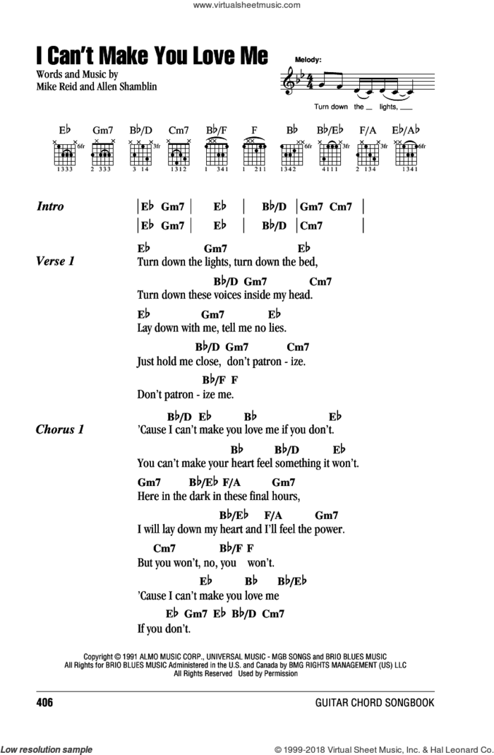 I Can't Make You Love Me sheet music for guitar (chords) by Allen Shamblin, Bon Iver, Bonnie Raitt, George Michael and Mike Reid, intermediate skill level