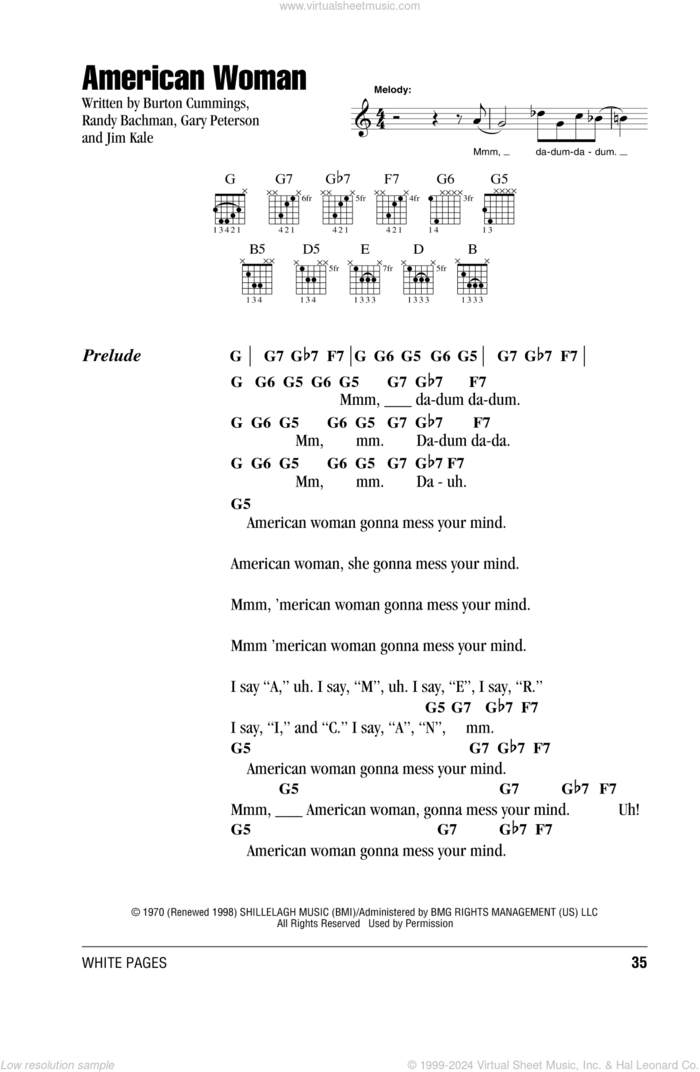 American Woman sheet music for guitar (chords) by The Guess Who, Lenny Kravitz, Burton Cummings, Garry Peterson, Jim Kale and Randy Bachman, intermediate skill level