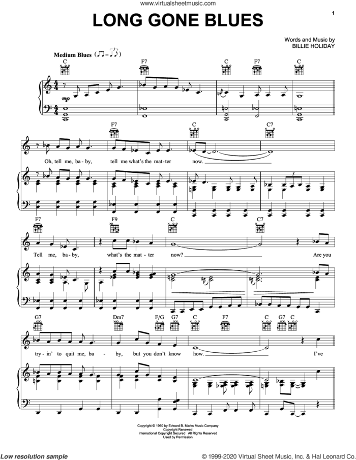 Long Gone Blues sheet music for voice, piano or guitar by Billie Holiday, intermediate skill level