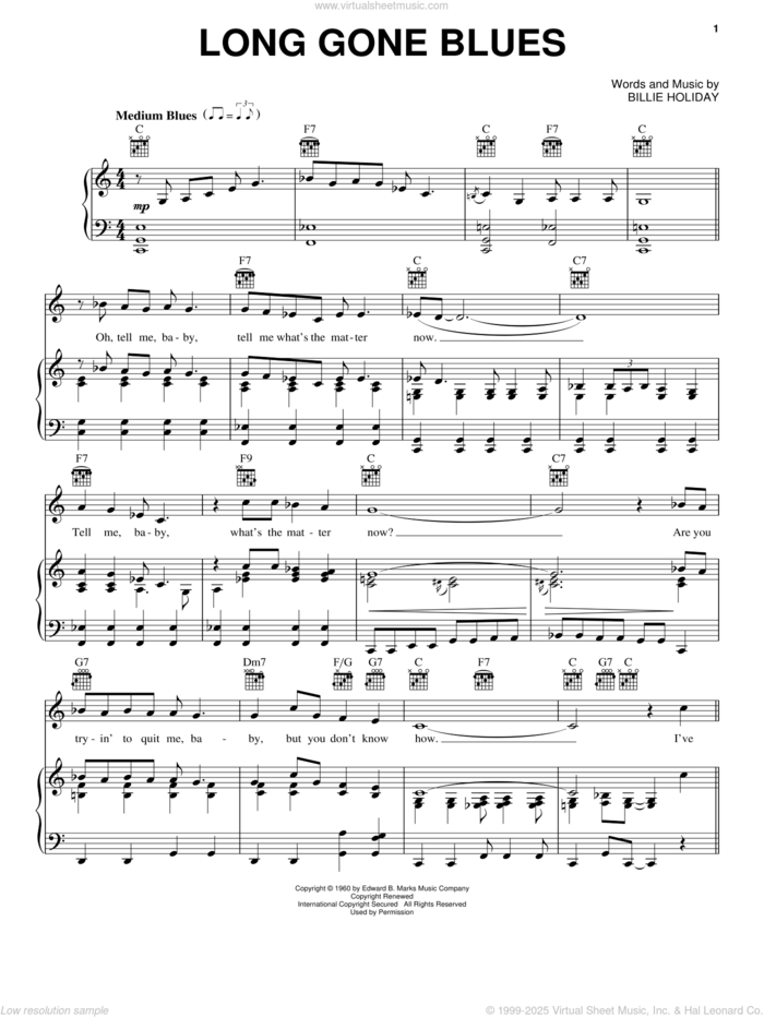 Long Gone Blues sheet music for voice, piano or guitar by Billie Holiday, intermediate skill level