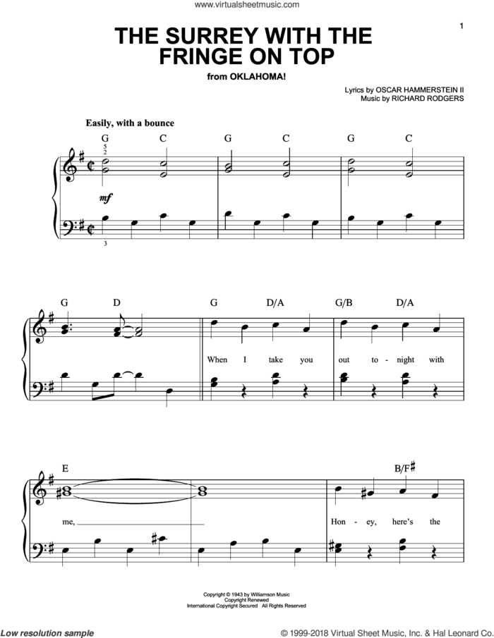 The Surrey With The Fringe On Top (from Oklahoma!) sheet music for piano solo by Rodgers & Hammerstein, Oscar II Hammerstein and Richard Rodgers, beginner skill level