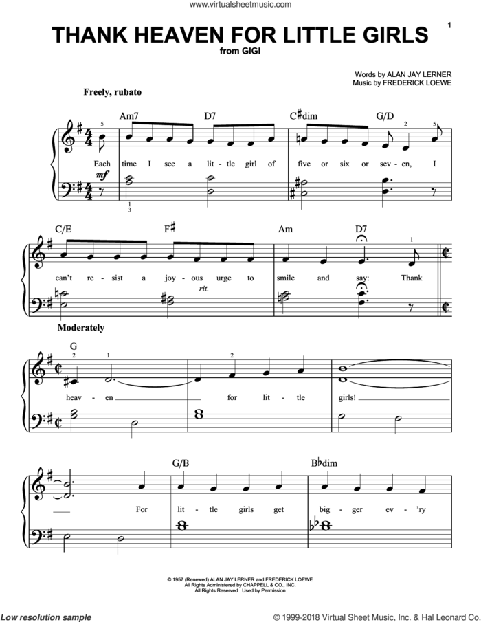 Thank Heaven For Little Girls sheet music for piano solo by Alan Jay Lerner and Frederick Loewe, beginner skill level