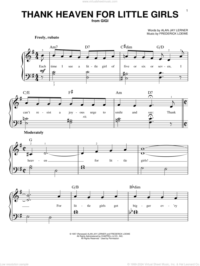 Thank Heaven For Little Girls sheet music for piano solo by Alan Jay Lerner and Frederick Loewe, beginner skill level