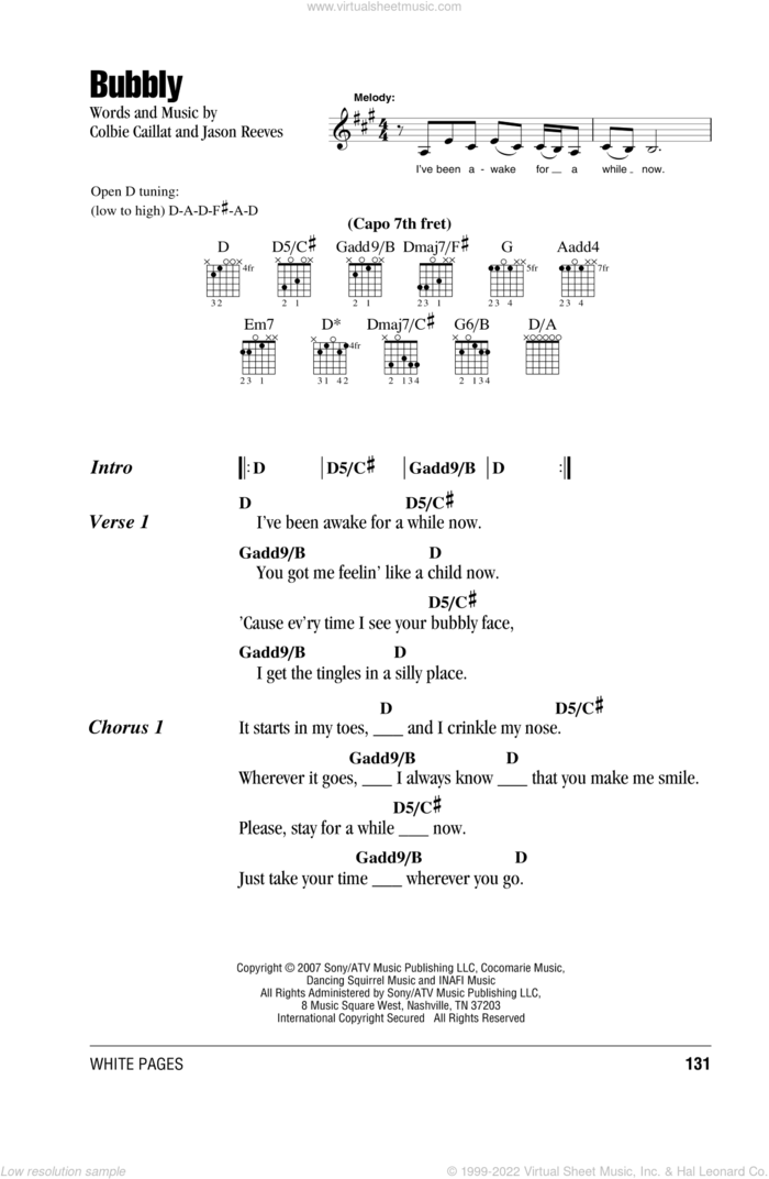 Bubbly sheet music for guitar (chords) by Colbie Caillat and Jason Reeves, intermediate skill level