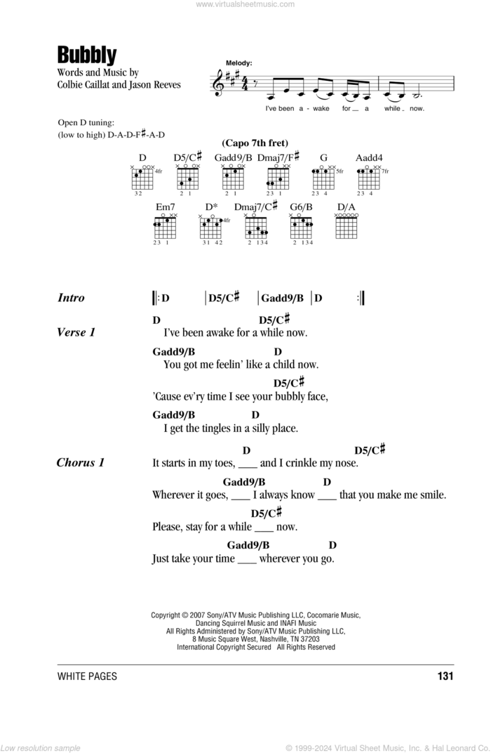 Bubbly sheet music for guitar (chords) by Colbie Caillat and Jason Reeves, intermediate skill level