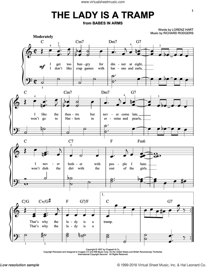 The Lady Is A Tramp, (beginner) sheet music for piano solo by Rodgers & Hart, Lorenz Hart and Richard Rodgers, beginner skill level