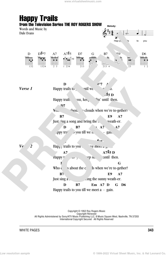 Happy Trails sheet music for guitar (chords) by Roy Rogers and Dale Evans, intermediate skill level