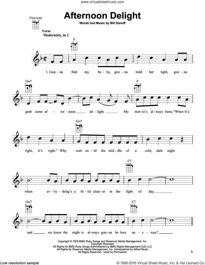 Afternoon Delight sheet music for ukulele by Starland Vocal Band and Bill Danoff, intermediate skill level