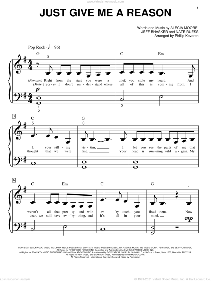 Just Give Me A Reason (arr. Phillip Keveren) sheet music for piano solo (big note book) by Jeff Bhasker, Phillip Keveren, Pink featuring Nate Ruess, Alecia Moore and Nate Ruess, easy piano (big note book)