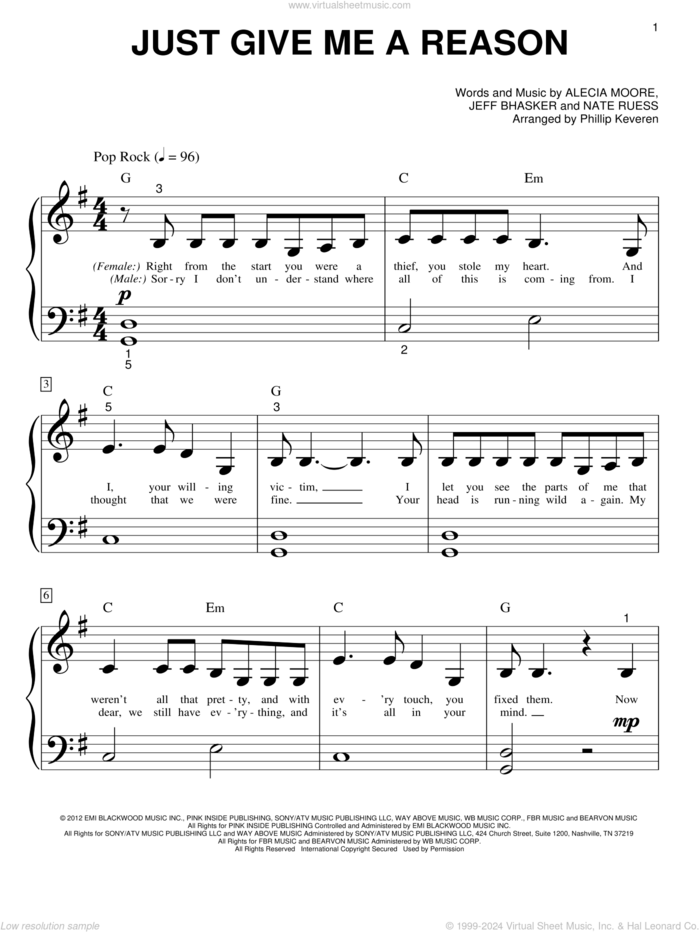 Just Give Me A Reason (arr. Phillip Keveren) sheet music for piano solo (big note book) by Jeff Bhasker, Phillip Keveren, Pink featuring Nate Ruess, Alecia Moore and Nate Ruess, easy piano (big note book)