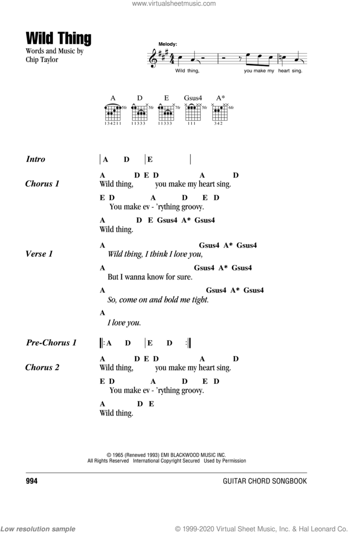 Wild Thing sheet music for guitar (chords) by The Troggs and Chip Taylor, intermediate skill level
