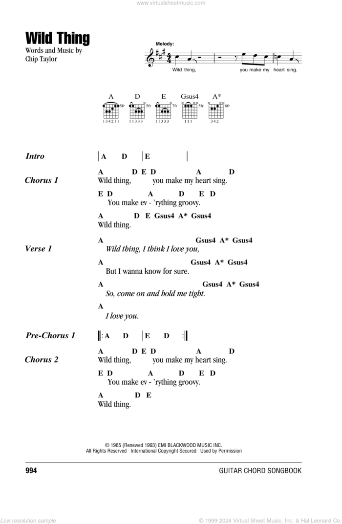 Wild Thing sheet music for guitar (chords) by The Troggs and Chip Taylor, intermediate skill level