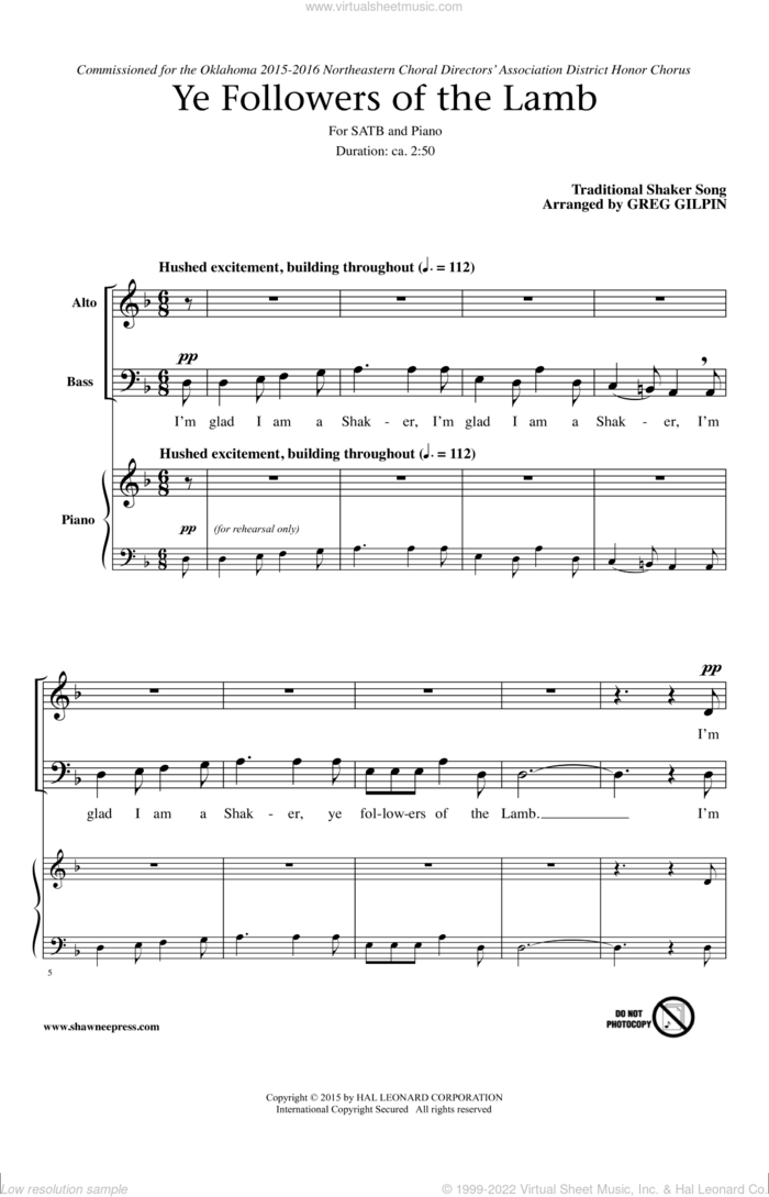 Ye Followers Of The Lamb sheet music for choir (SATB: soprano, alto, tenor, bass) by Greg Gilpin and Shaker Song, intermediate skill level