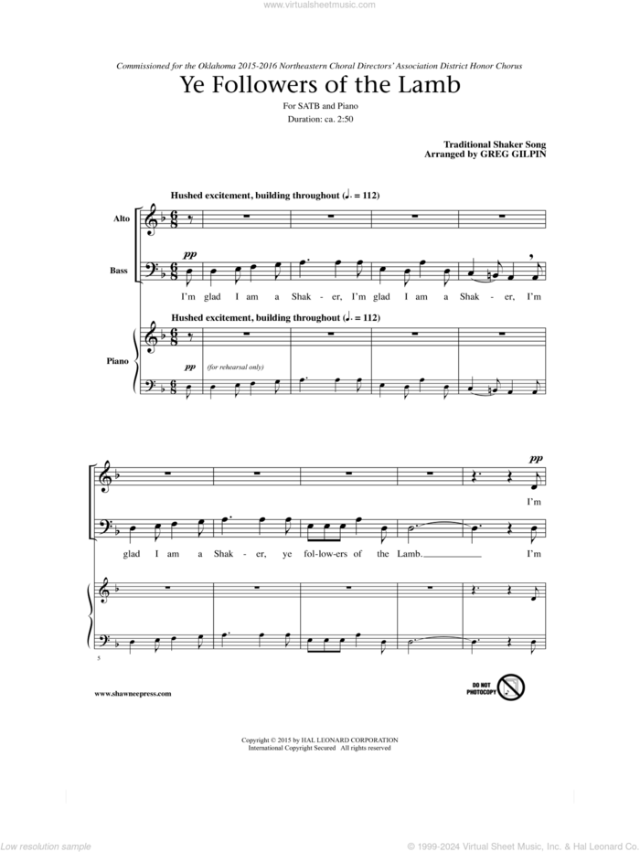 Ye Followers Of The Lamb sheet music for choir (SATB: soprano, alto, tenor, bass) by Greg Gilpin and Shaker Song, intermediate skill level