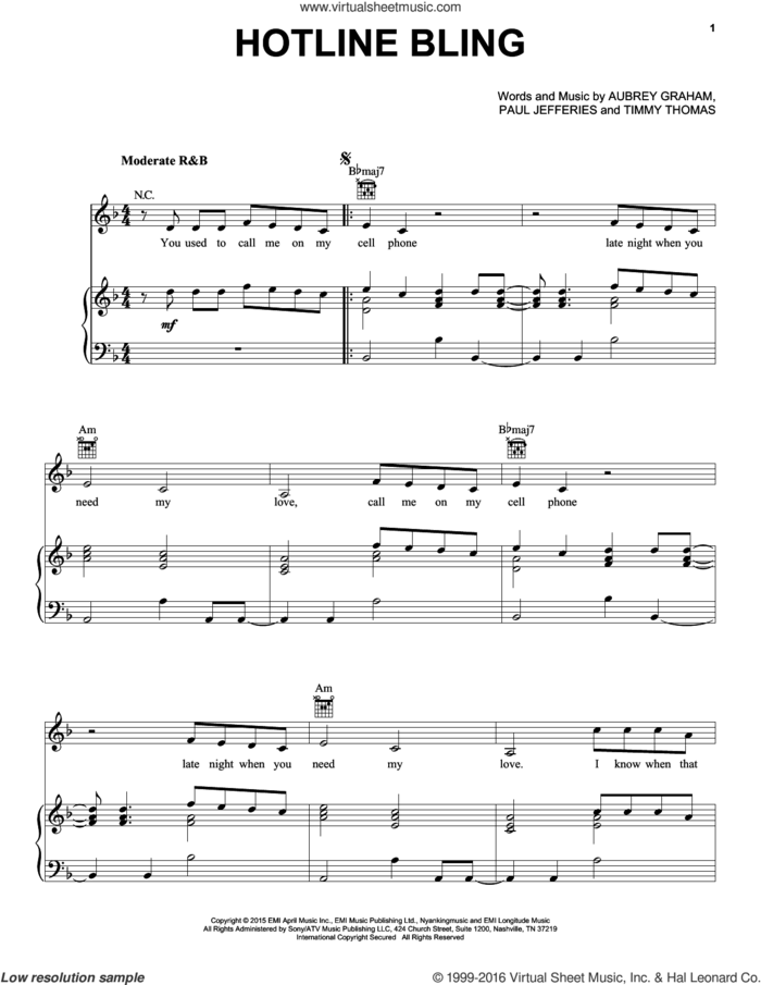 Hotline Bling sheet music for voice, piano or guitar by Drake, Aubrey Graham, Paul Jefferies and Timmy Thomas, intermediate skill level