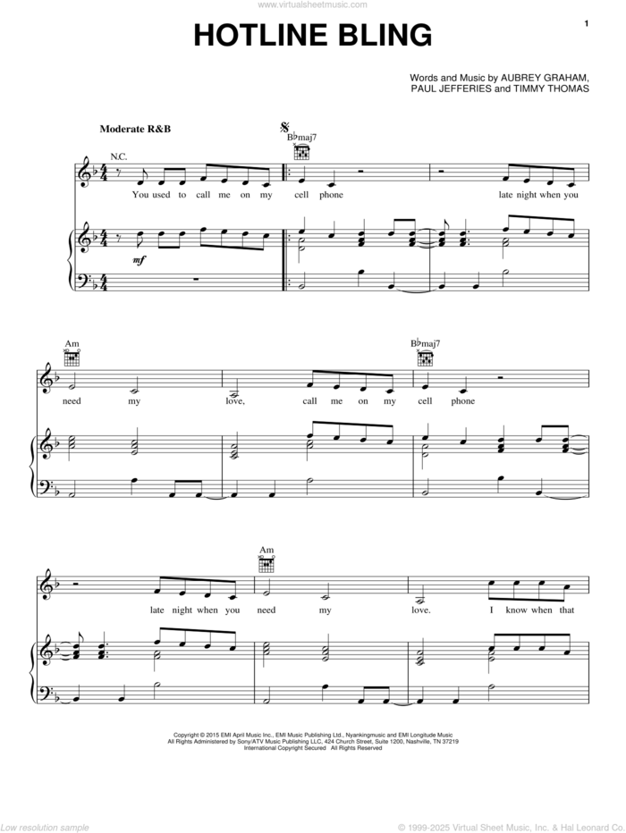 Hotline Bling sheet music for voice, piano or guitar by Drake, Aubrey Graham, Paul Jefferies and Timmy Thomas, intermediate skill level