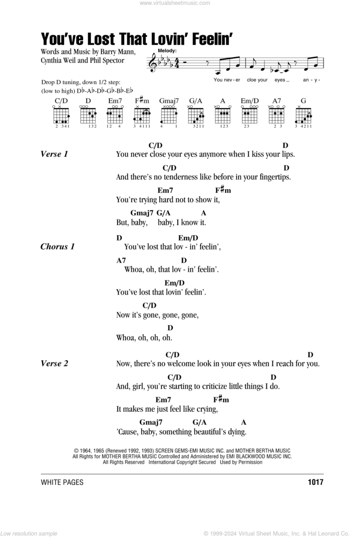 You've Lost That Lovin' Feelin' sheet music for guitar (chords) by The Righteous Brothers, Elvis Presley, Barry Mann, Cynthia Weil and Phil Spector, intermediate skill level