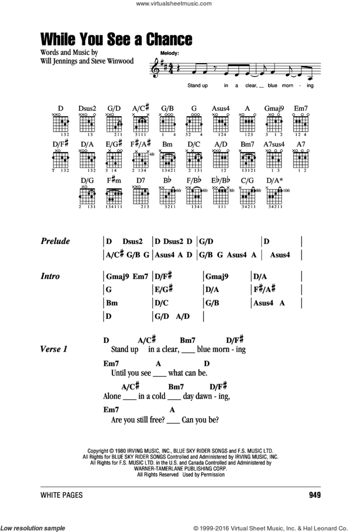 While You See A Chance sheet music for guitar (chords) by Steve Winwood and Will Jennings, intermediate skill level