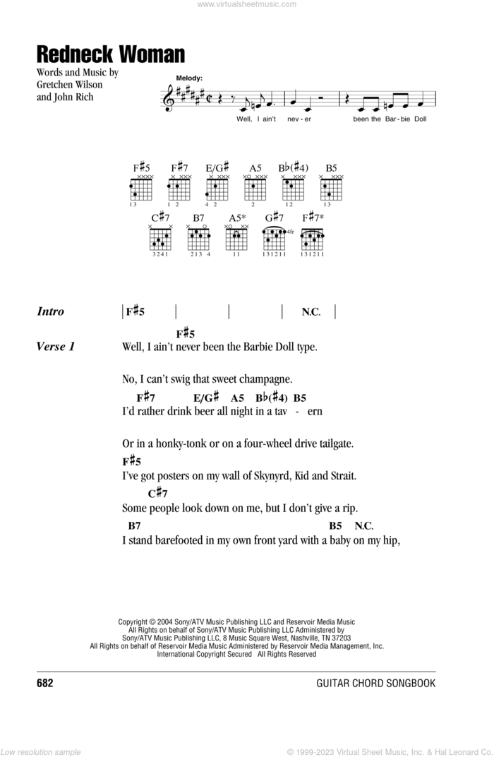 Redneck Woman sheet music for guitar (chords) by Gretchen Wilson and John Rich, intermediate skill level