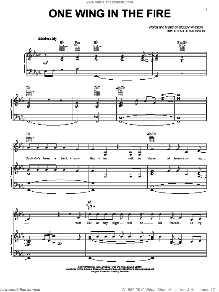 One Wing In The Fire sheet music for voice, piano or guitar by Trent Tomlinson and Bobby Pinson, intermediate skill level