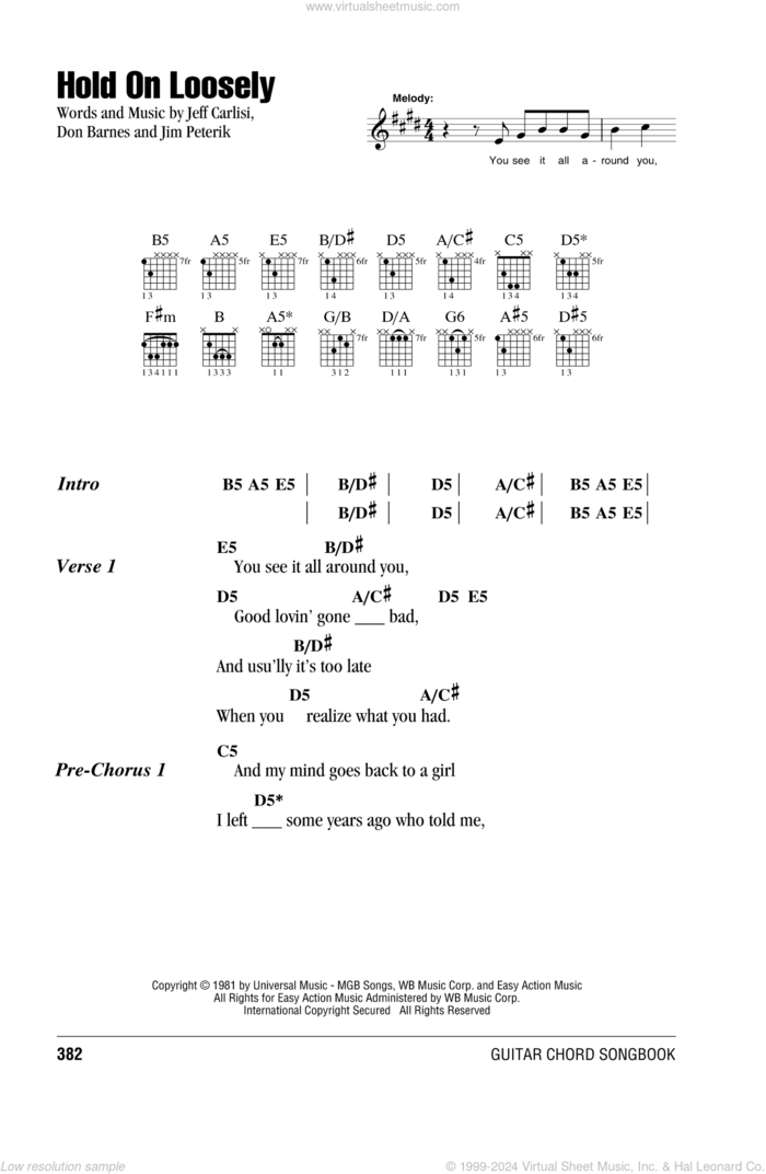 Hold On Loosely sheet music for guitar (chords) by 38 Special, Don Barnes, Jeff Carlisi and Jim Peterik, intermediate skill level