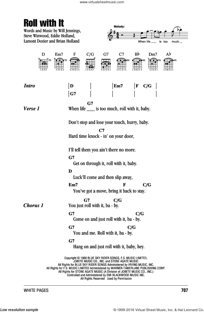 Roll With It sheet music for guitar (chords) by Steve Winwood, Brian Holland, Eddie Holland, Lamont Dozier and Will Jennings, intermediate skill level