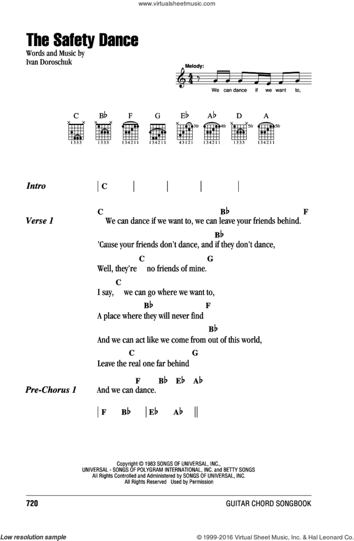 The Safety Dance sheet music for guitar (chords) by Men Without Hats and Ivan Doroschuk, intermediate skill level
