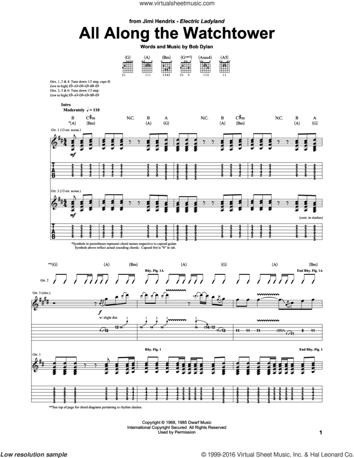 All Along The Watchtower sheet music for guitar (tablature) by Jimi Hendrix, The Jimi Hendrix Experience, U2 and Bob Dylan, intermediate skill level