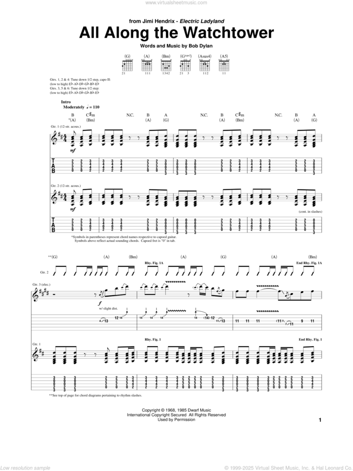 All Along The Watchtower sheet music for guitar (tablature) by Jimi Hendrix, The Jimi Hendrix Experience, U2 and Bob Dylan, intermediate skill level