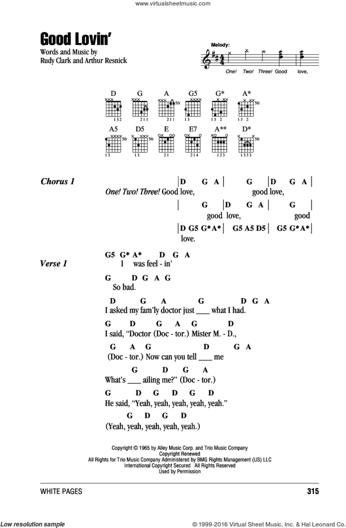 Good Lovin' sheet music for guitar (chords) by The Young Rascals, Arthur Resnick and Rudy Clark, intermediate skill level