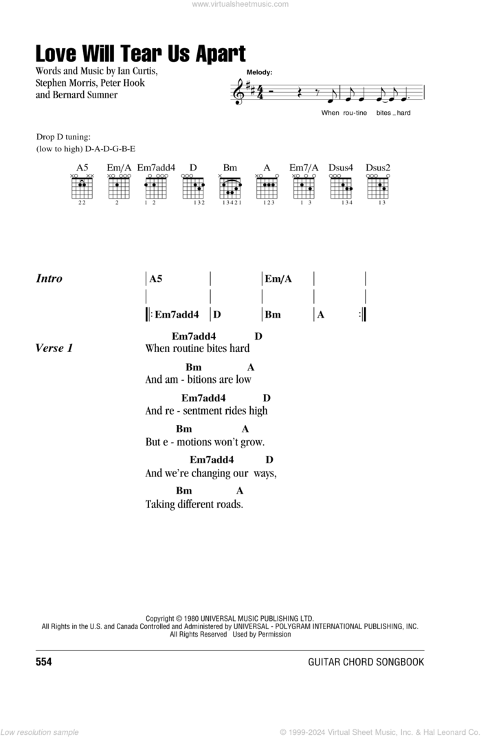 Love Will Tear Us Apart sheet music for guitar (chords) by Joy Division, Bernard Sumner, Ian Curtis, Peter Hook and Stephen Morris, intermediate skill level