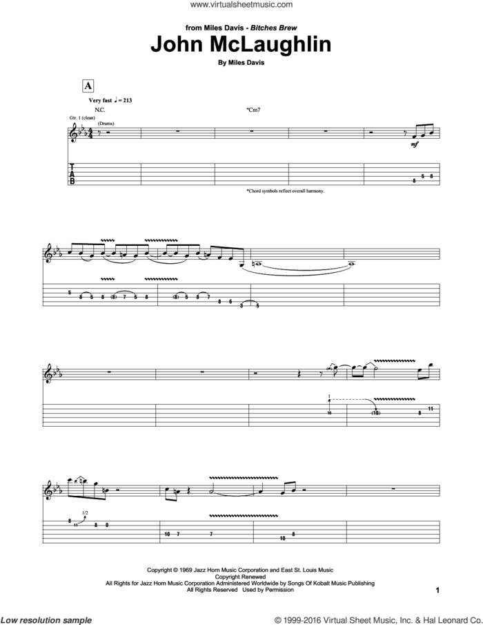 John McLaughlin sheet music for guitar (tablature) by Miles Davis and John McLaughlin, intermediate skill level