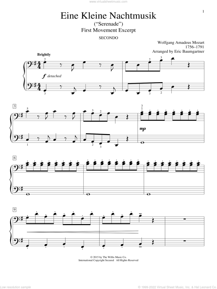 Eine Kleine Nachtmusik ('Serenade'), First Movement Excerpt sheet music for piano four hands by Wolfgang Amadeus Mozart and Eric Baumgartner, classical wedding score, intermediate skill level