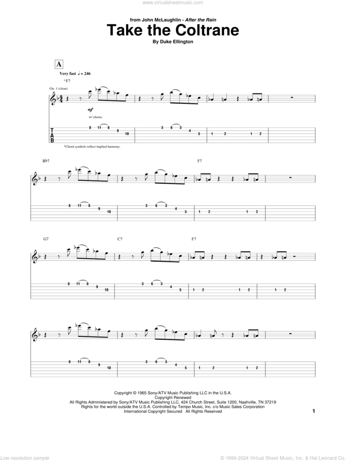 Take The Coltrane sheet music for guitar (tablature) by John McLaughlin and Duke Ellington, intermediate skill level