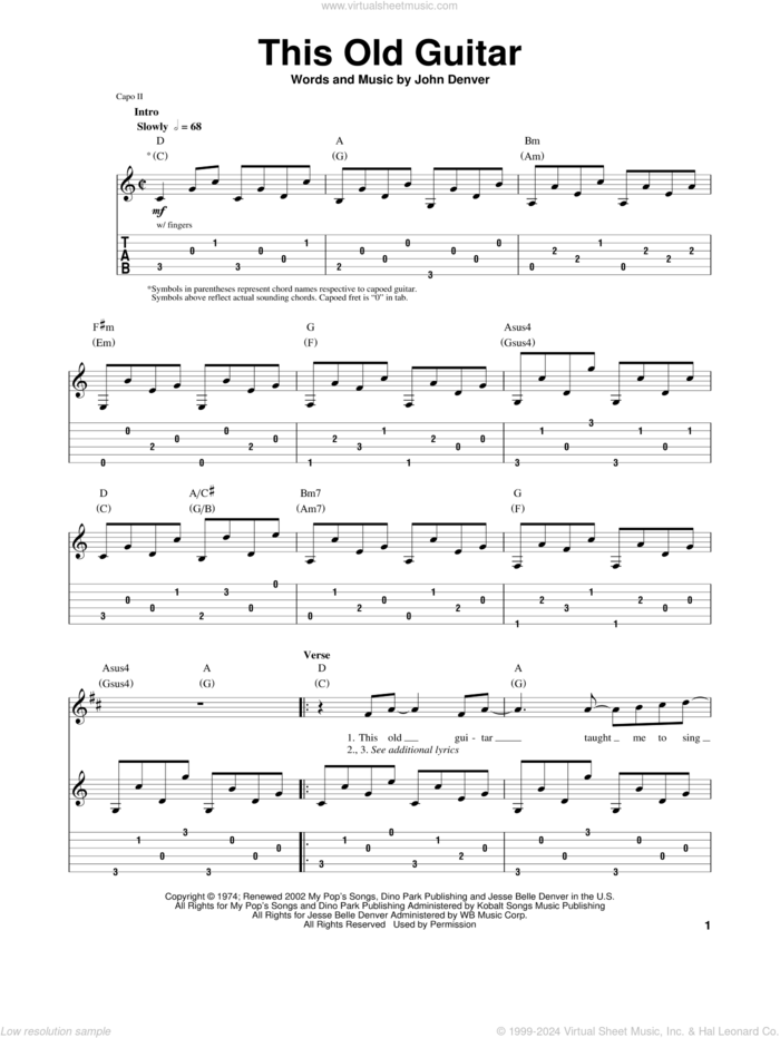 This Old Guitar sheet music for guitar (tablature, play-along) by John Denver, intermediate skill level