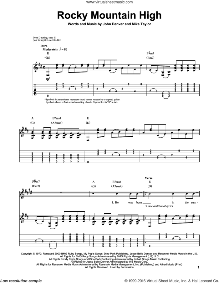Rocky Mountain High sheet music for guitar (tablature, play-along) by John Denver and Mike Taylor, intermediate skill level