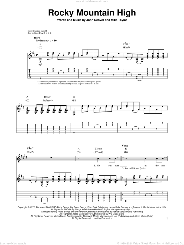 Rocky Mountain High sheet music for guitar (tablature, play-along) by John Denver and Mike Taylor, intermediate skill level