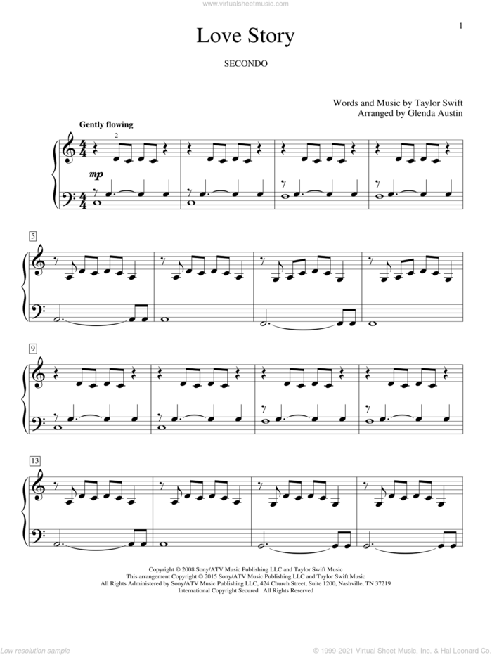 Love Story sheet music for piano four hands by Glenda Austin and Taylor Swift, intermediate skill level