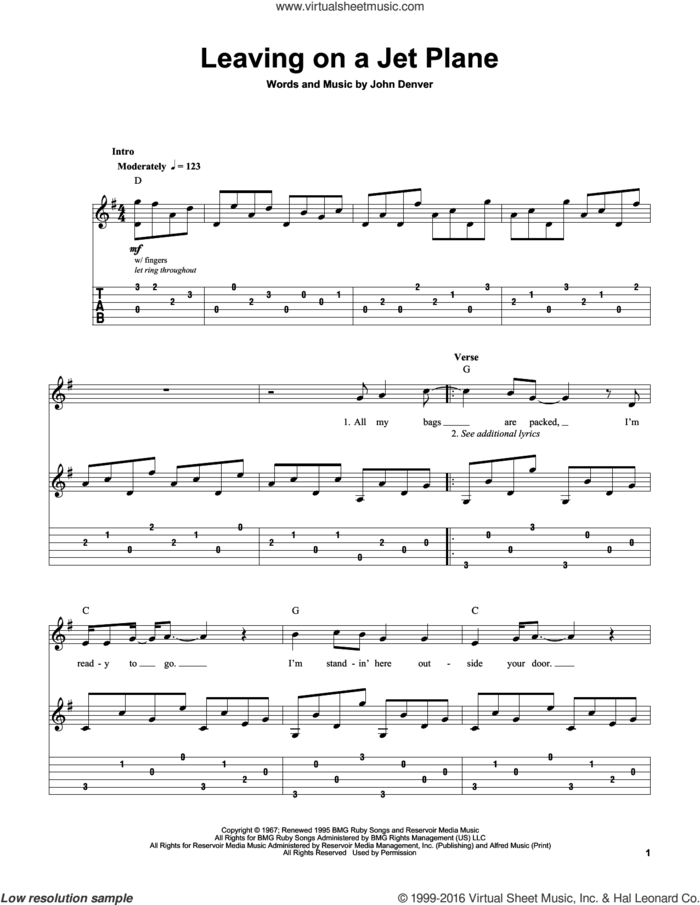 Leaving On A Jet Plane sheet music for guitar (tablature, play-along) by John Denver and Peter, Paul & Mary, intermediate skill level