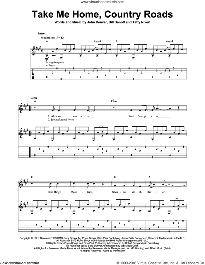 Take Me Home, Country Roads sheet music for guitar (tablature, play-along) by John Denver, Bill Danoff and Taffy Nivert, intermediate skill level