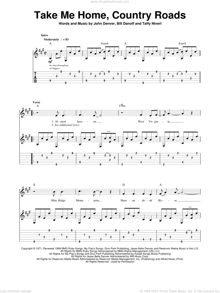 Take Me Home, Country Roads sheet music for guitar (tablature, play-along) by John Denver, Bill Danoff and Taffy Nivert, intermediate skill level