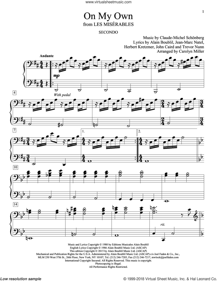 On My Own (from Les Miserables) sheet music for piano four hands by Alain Boublil, Carolyn Miller and Claude-Michel Schonberg and Claude-Michel Schonberg, intermediate skill level